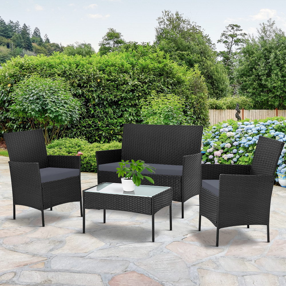 Gardeon 4-piece Outdoor Lounge Setting Wicker Patio Furniture Dining Set Black-Furniture &gt; Outdoor-PEROZ Accessories