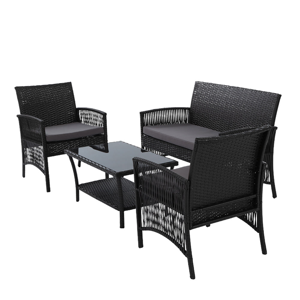 Gardeon 4 PCS Outdoor Furniture Lounge Setting Wicker Dining Set Black-Furniture &gt; Outdoor-PEROZ Accessories