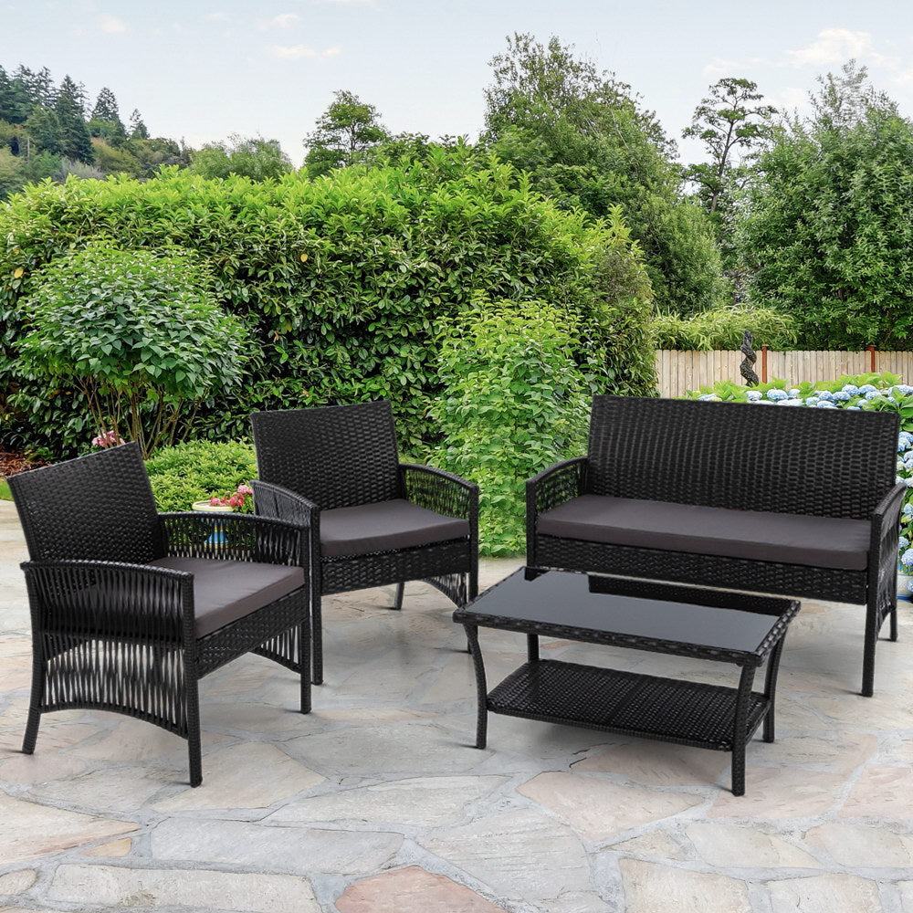 Gardeon 4 PCS Outdoor Furniture Lounge Setting Wicker Dining Set Black-Furniture &gt; Outdoor-PEROZ Accessories