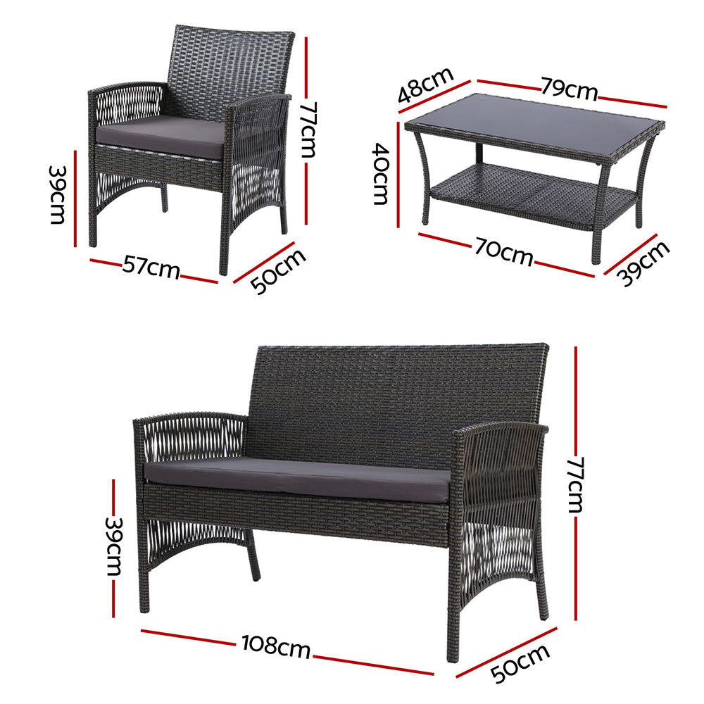 Gardeon 4 PCS Outdoor Furniture Lounge Setting Wicker Dining Set Grey-Furniture &gt; Outdoor-PEROZ Accessories