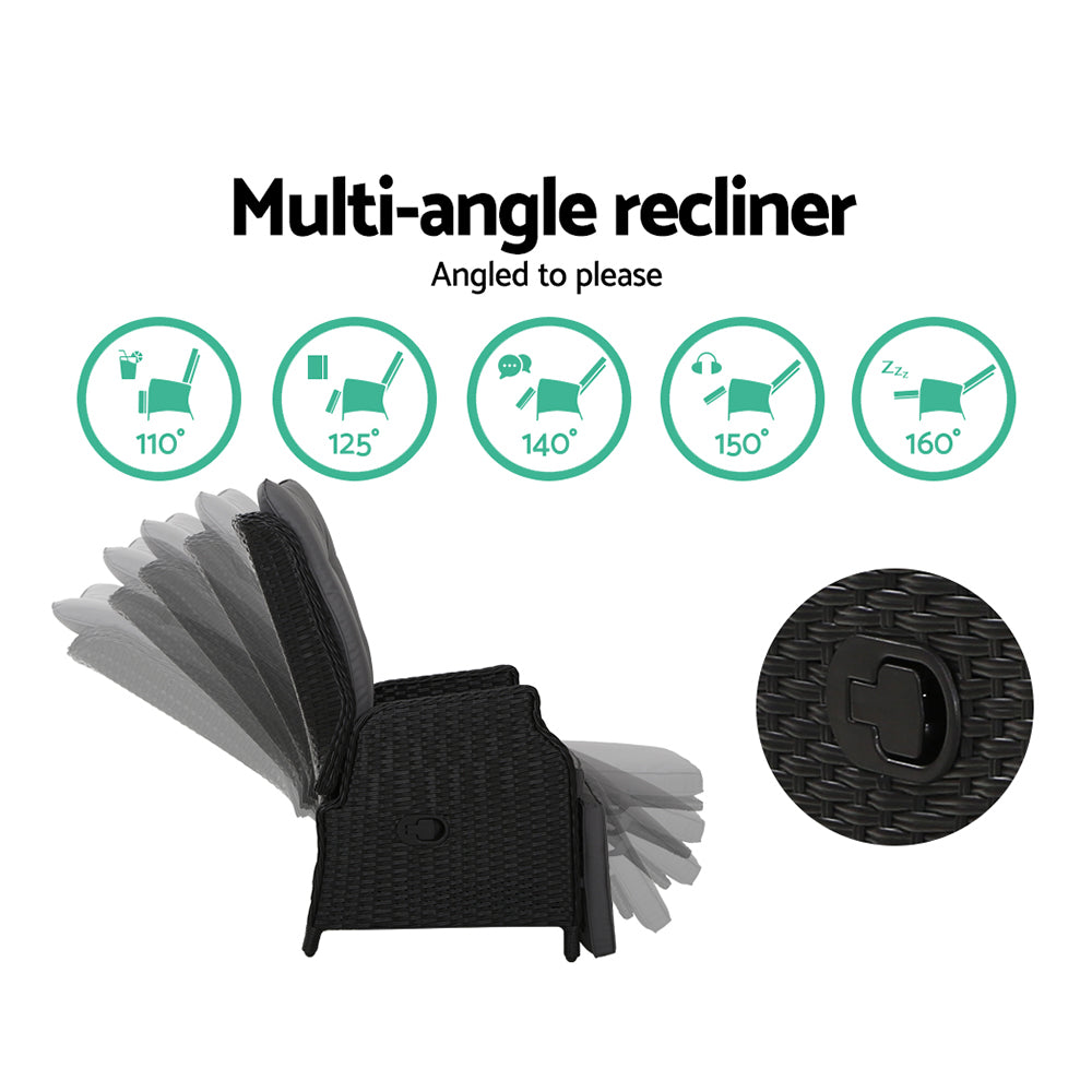 Gardeon Set of 2 Recliner Chairs Sun lounge Outdoor Furniture Setting Patio Wicker Sofa Black-Furniture > Outdoor-PEROZ Accessories