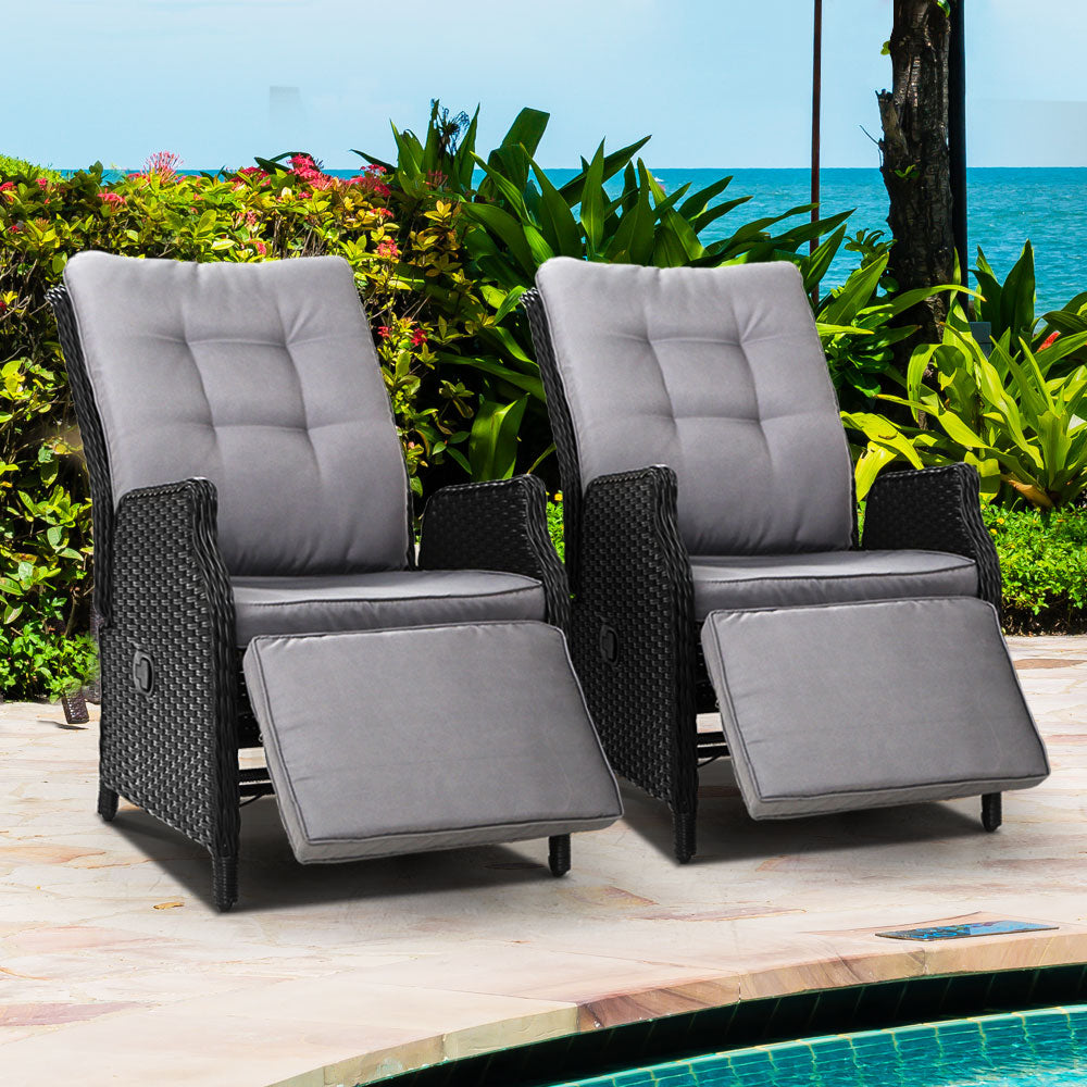 Gardeon Set of 2 Recliner Chairs Sun lounge Outdoor Furniture Setting Patio Wicker Sofa Black-Furniture > Outdoor-PEROZ Accessories