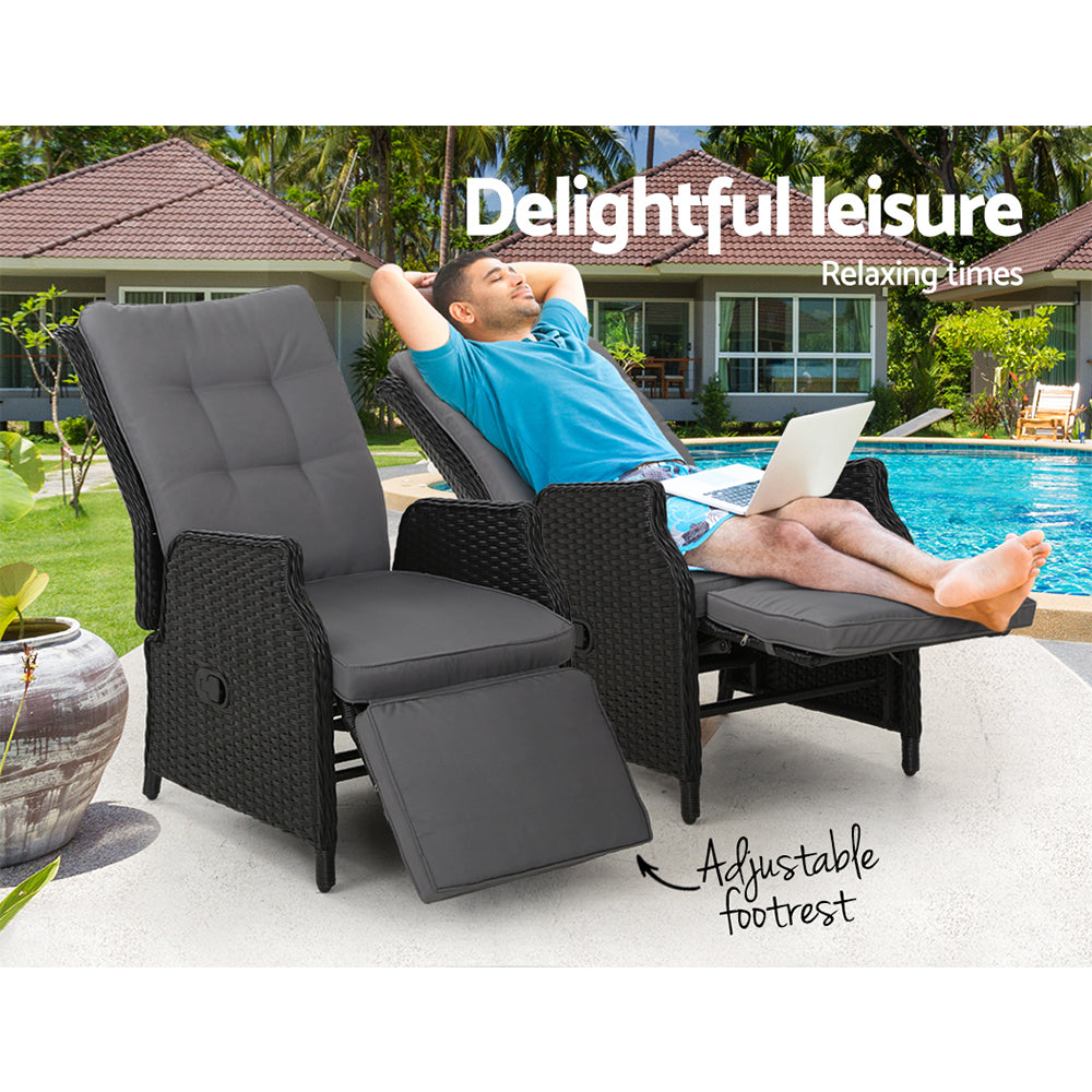 Gardeon Set of 2 Recliner Chairs Sun lounge Outdoor Furniture Setting Patio Wicker Sofa Black-Furniture > Outdoor-PEROZ Accessories