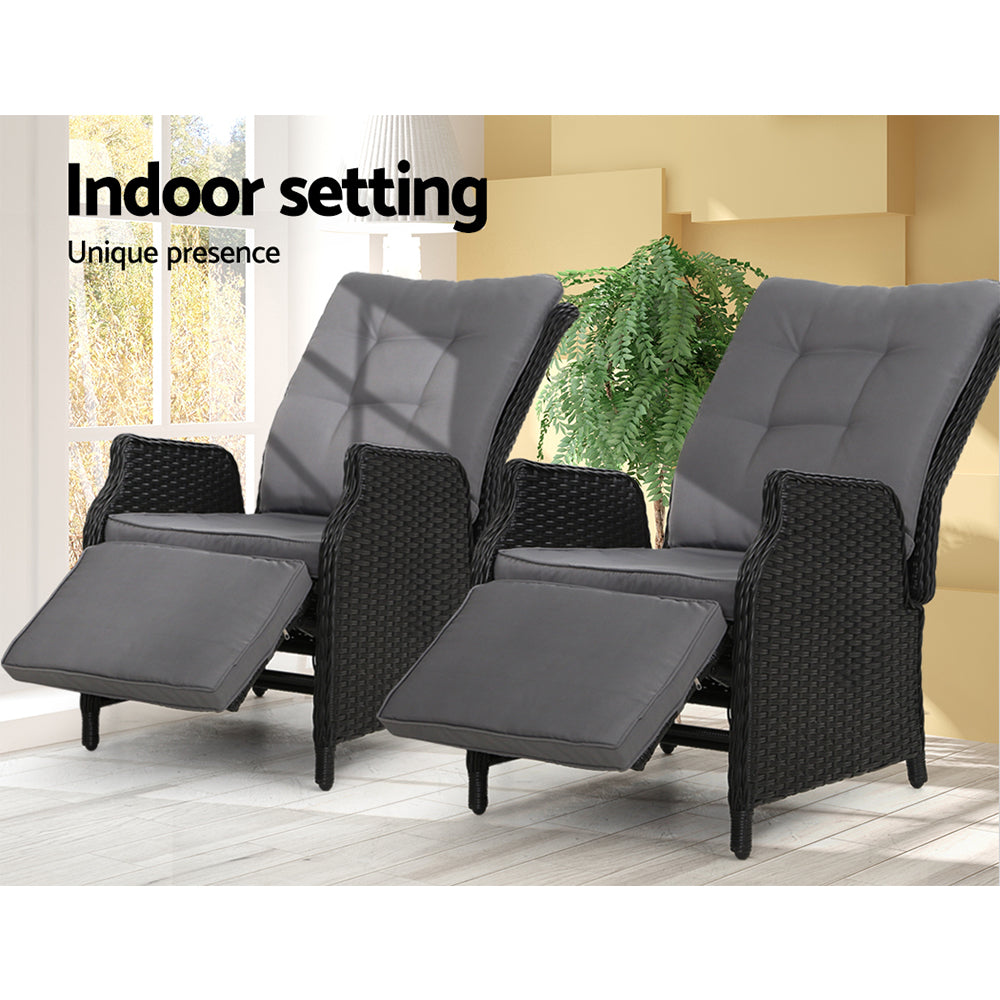 Gardeon Set of 2 Recliner Chairs Sun lounge Outdoor Furniture Setting Patio Wicker Sofa Black-Furniture > Outdoor-PEROZ Accessories