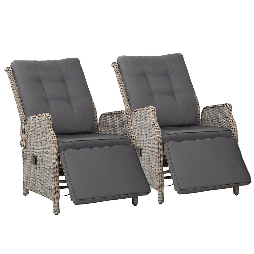 Gardeon Set of 2 Recliner Chairs Sun lounge Outdoor Furniture Setting Patio Wicker Sofa Grey-Furniture > Outdoor-PEROZ Accessories