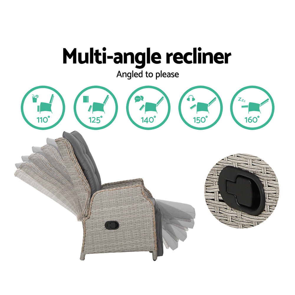 Gardeon Set of 2 Recliner Chairs Sun lounge Outdoor Furniture Setting Patio Wicker Sofa Grey-Furniture > Outdoor-PEROZ Accessories