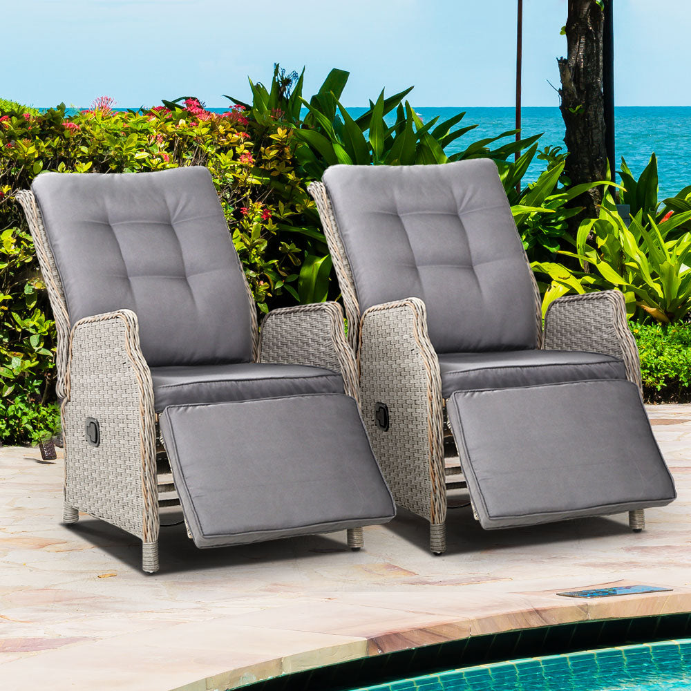 Gardeon Set of 2 Recliner Chairs Sun lounge Outdoor Furniture Setting Patio Wicker Sofa Grey-Furniture > Outdoor-PEROZ Accessories