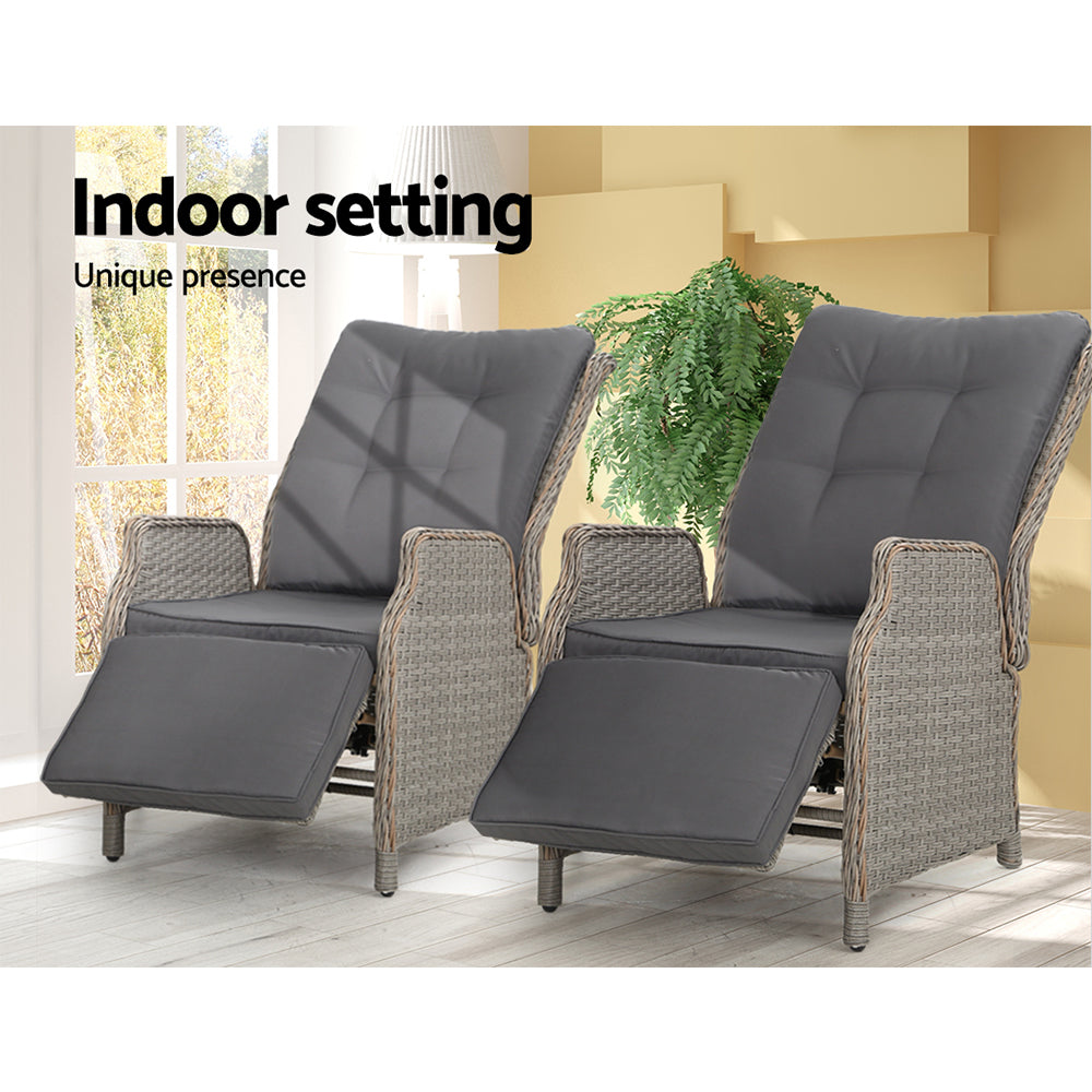 Gardeon Set of 2 Recliner Chairs Sun lounge Outdoor Furniture Setting Patio Wicker Sofa Grey-Furniture > Outdoor-PEROZ Accessories
