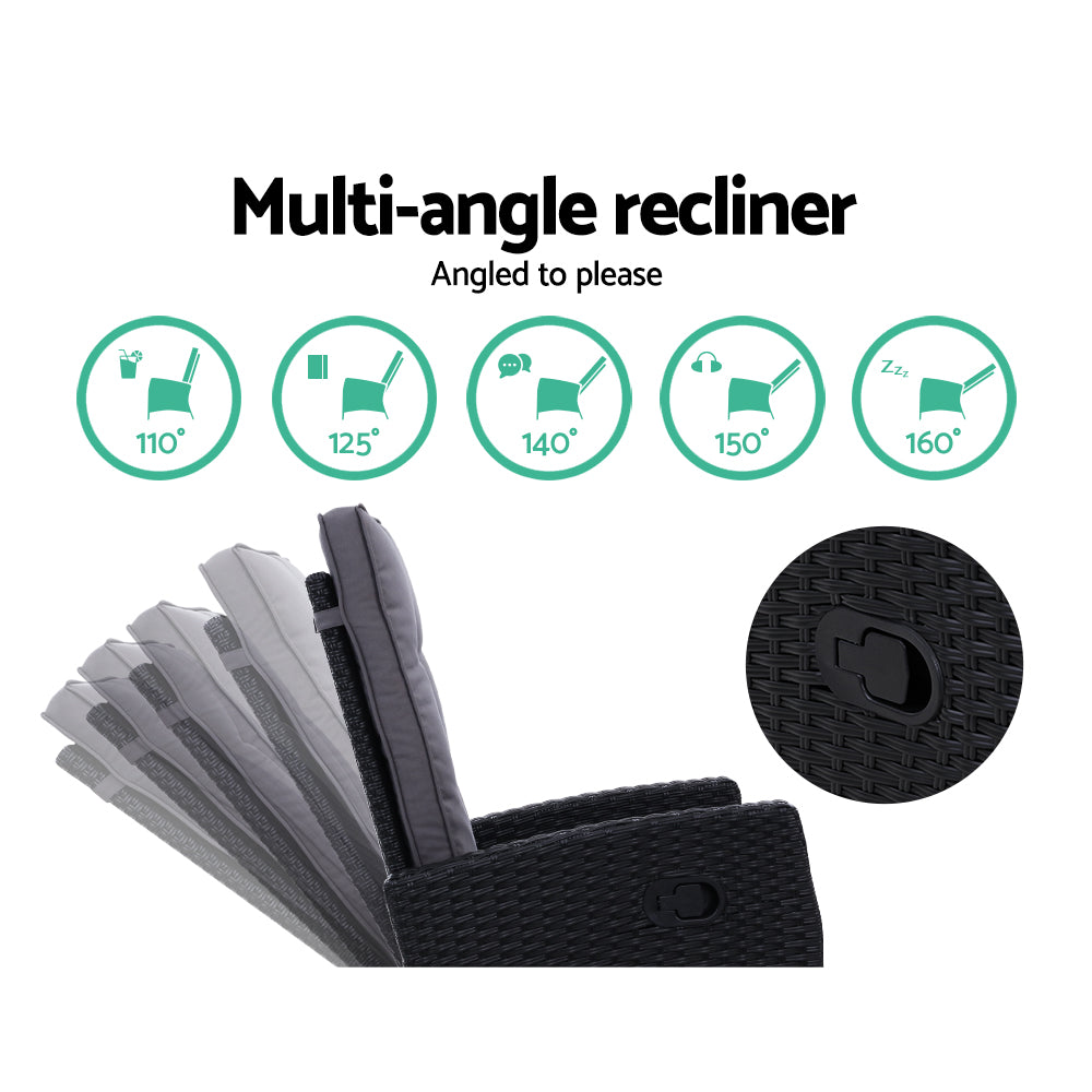 Sun lounge Recliner Chair Wicker Lounger Sofa Day Bed Outdoor Furniture Patio Garden Cushion Ottoman Black Gardeon-Furniture > Outdoor-PEROZ Accessories