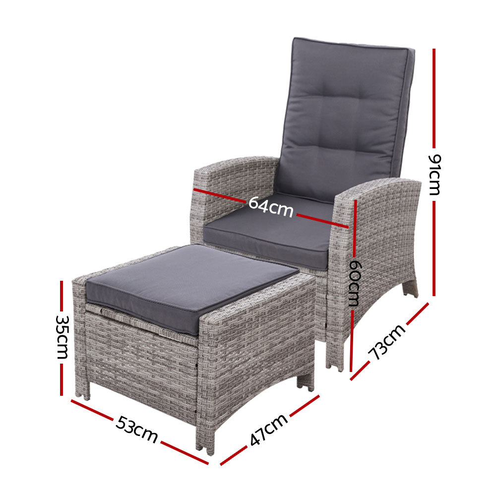 Sun lounge Recliner Chair Wicker Lounger Sofa Day Bed Outdoor Furniture Patio Garden Cushion Ottoman Grey Gardeon-Furniture > Outdoor-PEROZ Accessories