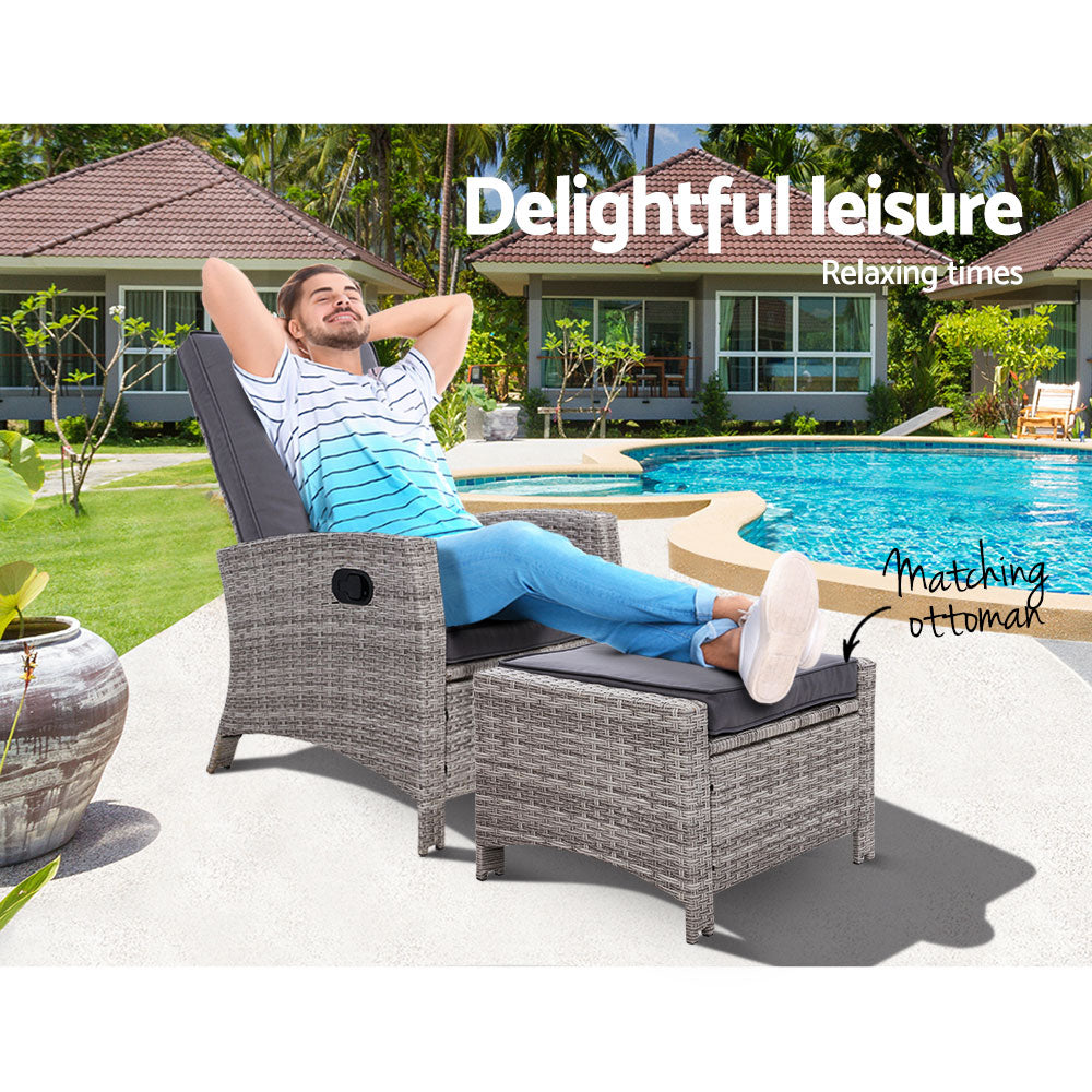 Sun lounge Recliner Chair Wicker Lounger Sofa Day Bed Outdoor Furniture Patio Garden Cushion Ottoman Grey Gardeon-Furniture > Outdoor-PEROZ Accessories