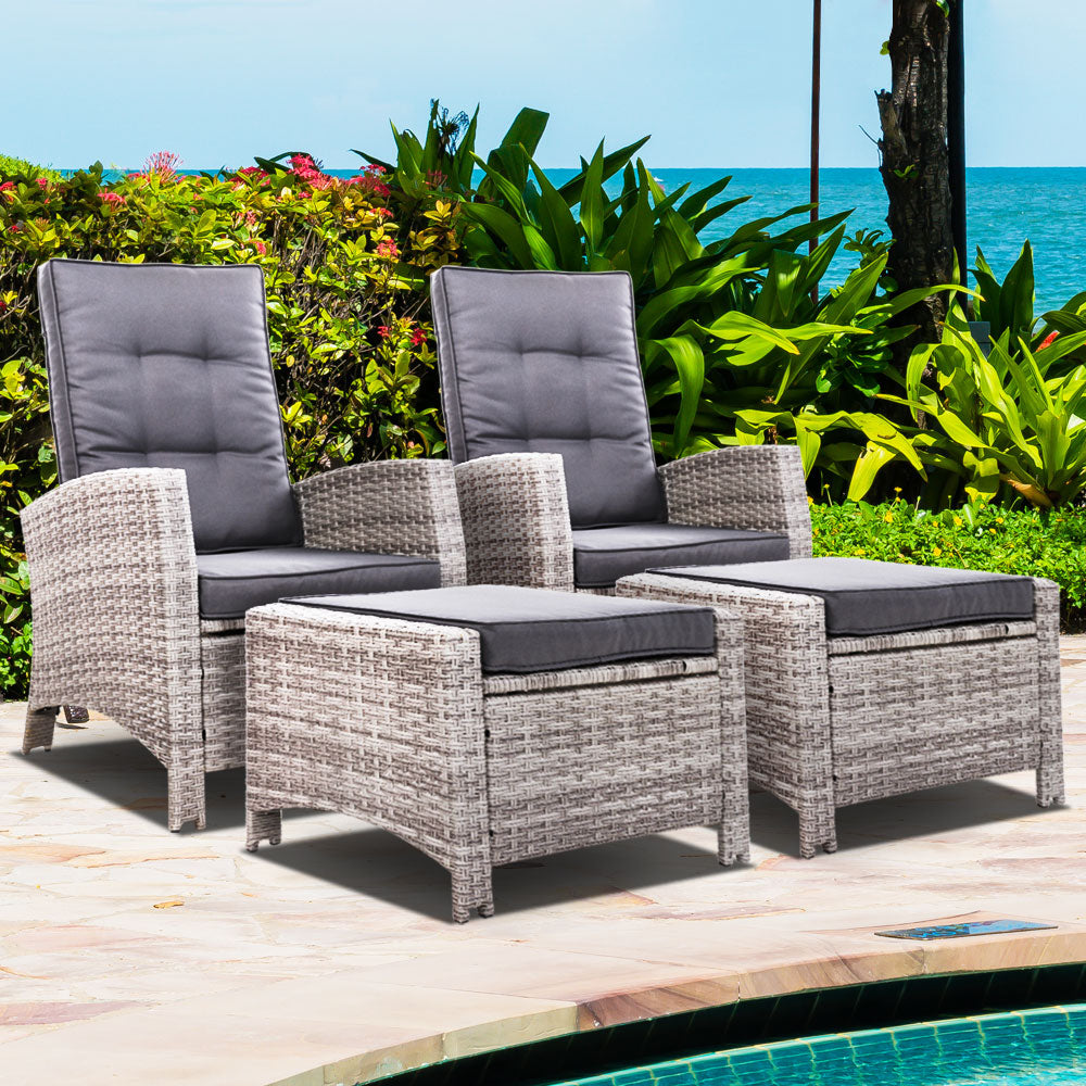 Set of 2 Sun lounge Recliner Chair Wicker Lounger Sofa Day Bed Outdoor Chairs Patio Furniture Garden Cushion Ottoman Gardeon-Furniture > Outdoor-PEROZ Accessories