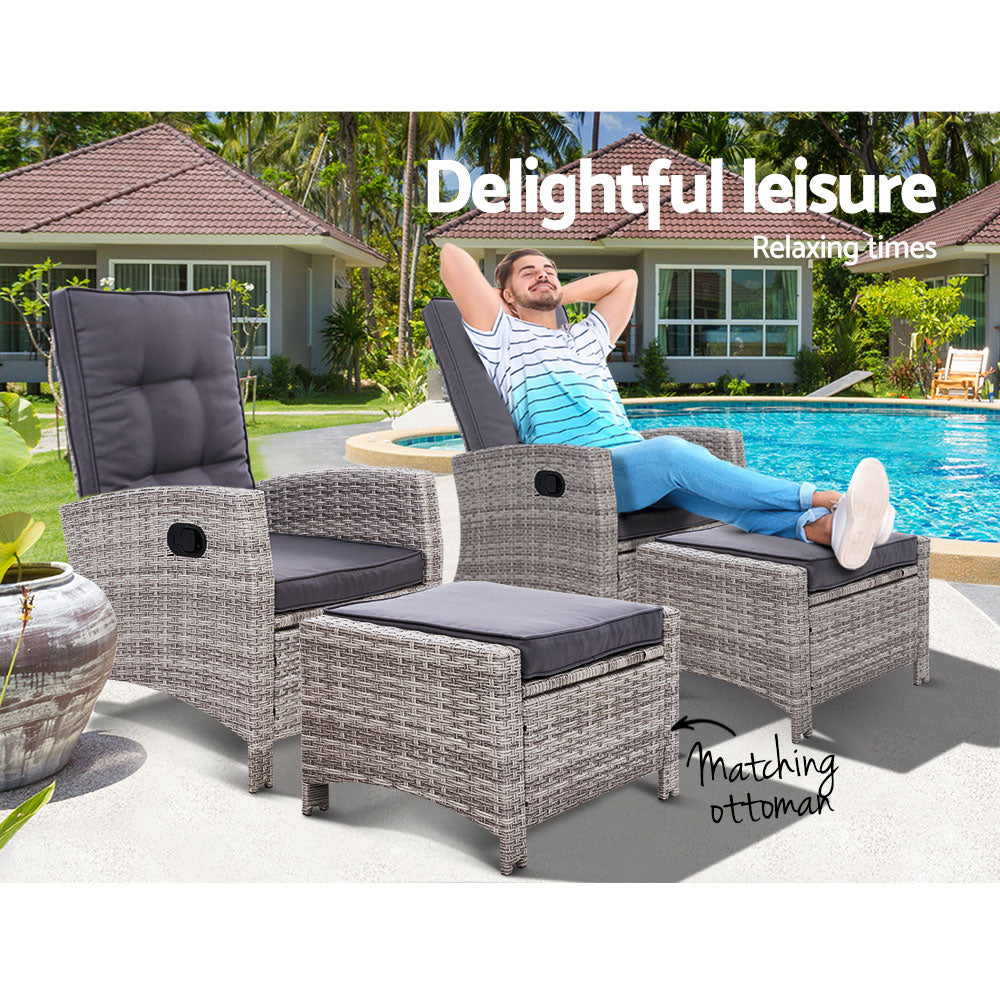 Set of 2 Sun lounge Recliner Chair Wicker Lounger Sofa Day Bed Outdoor Chairs Patio Furniture Garden Cushion Ottoman Gardeon-Furniture > Outdoor-PEROZ Accessories