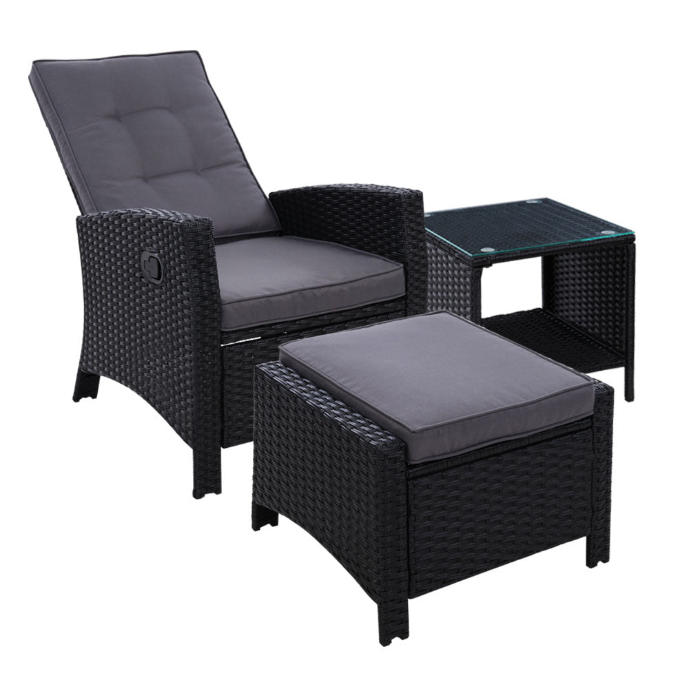 Gardeon Outdoor Setting Recliner Chair Table Set Wicker lounge Patio Furniture Black-Furniture > Outdoor-PEROZ Accessories