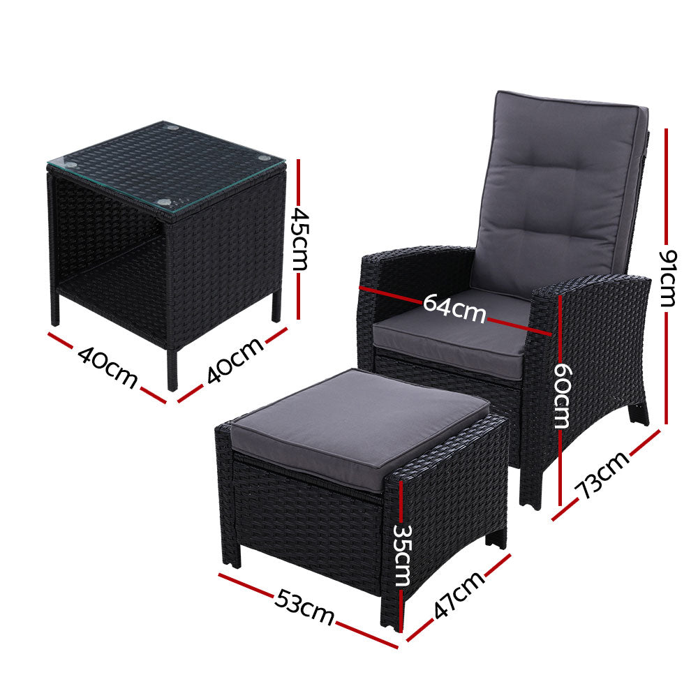 Gardeon Outdoor Setting Recliner Chair Table Set Wicker lounge Patio Furniture Black-Furniture > Outdoor-PEROZ Accessories