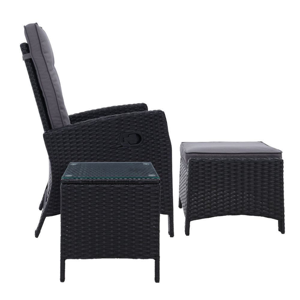Gardeon Outdoor Setting Recliner Chair Table Set Wicker lounge Patio Furniture Black-Furniture > Outdoor-PEROZ Accessories