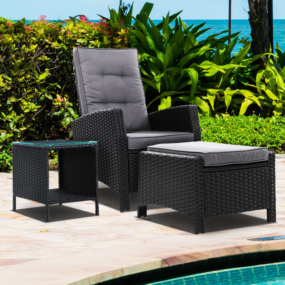 Gardeon Outdoor Setting Recliner Chair Table Set Wicker lounge Patio Furniture Black-Furniture > Outdoor-PEROZ Accessories