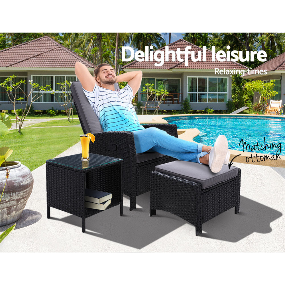 Gardeon Outdoor Setting Recliner Chair Table Set Wicker lounge Patio Furniture Black-Furniture > Outdoor-PEROZ Accessories