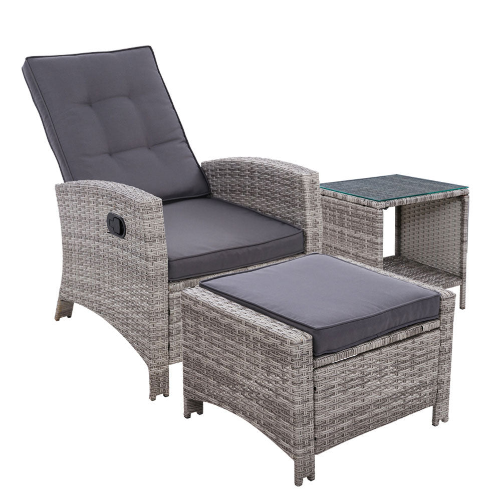 Gardeon Outdoor Setting Recliner Chair Table Set Wicker lounge Patio Furniture Grey-Furniture > Outdoor-PEROZ Accessories