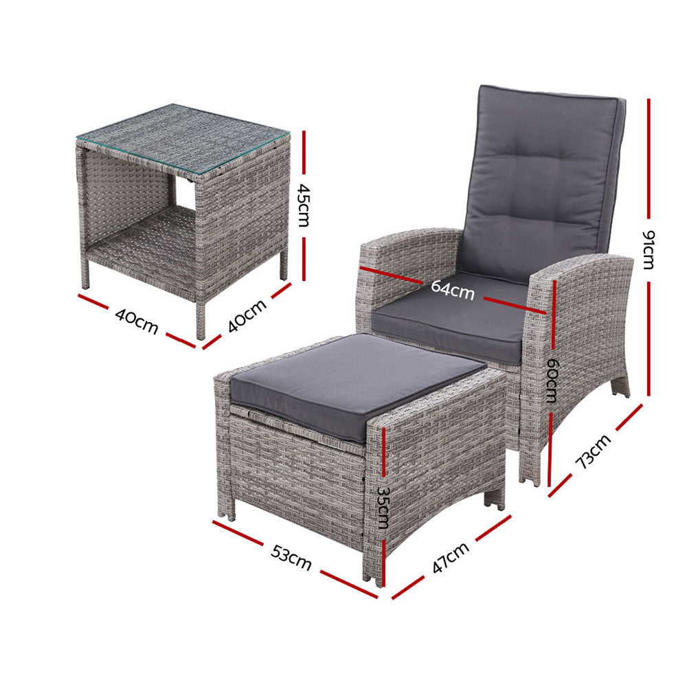 Gardeon Outdoor Setting Recliner Chair Table Set Wicker lounge Patio Furniture Grey-Furniture > Outdoor-PEROZ Accessories