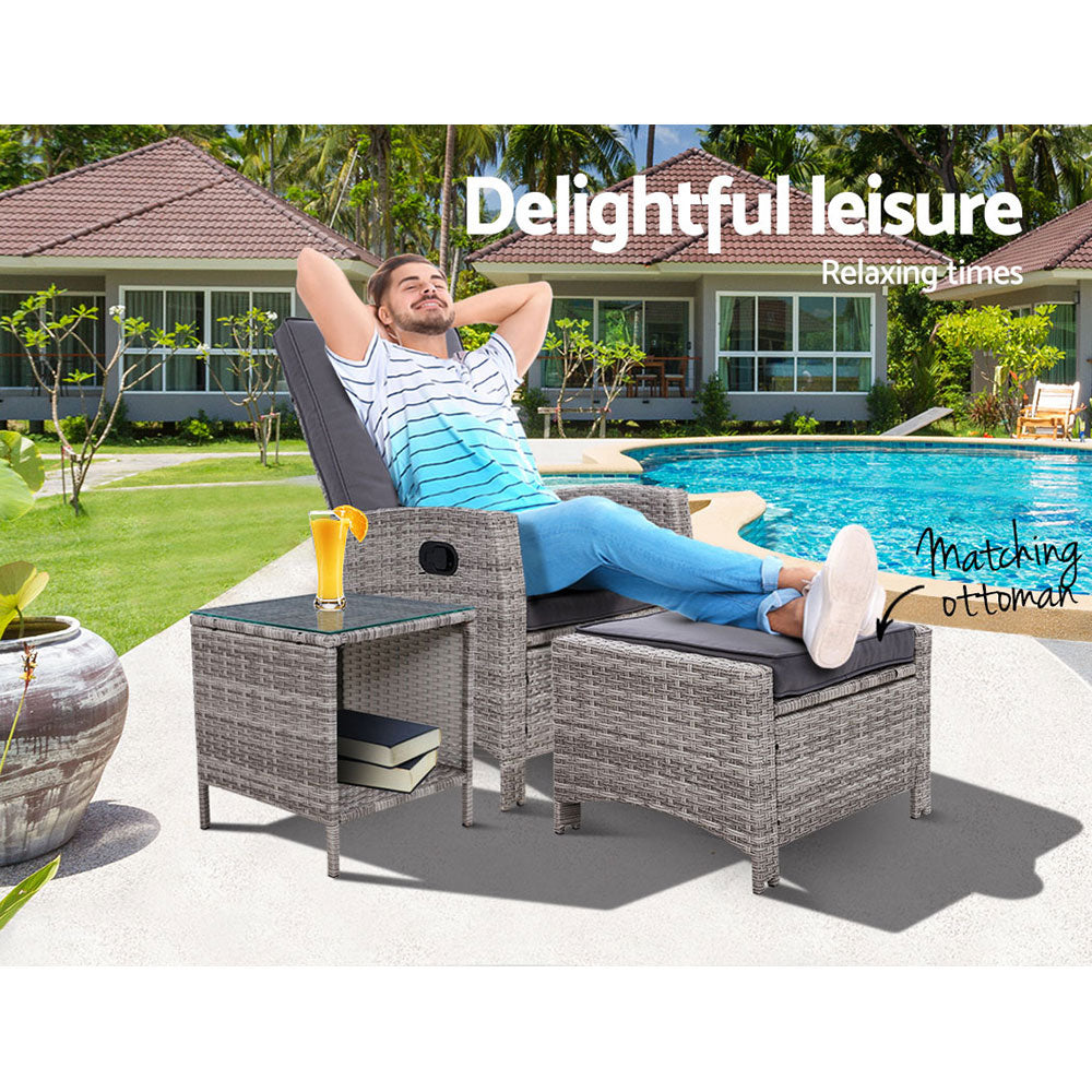 Gardeon Outdoor Setting Recliner Chair Table Set Wicker lounge Patio Furniture Grey-Furniture > Outdoor-PEROZ Accessories