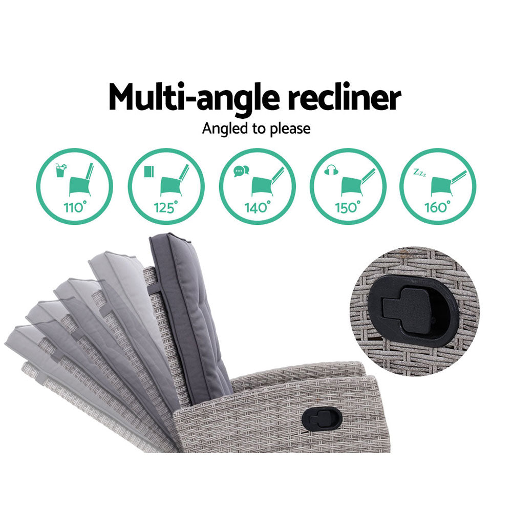 Gardeon Outdoor Setting Recliner Chair Table Set Wicker lounge Patio Furniture Grey-Furniture > Outdoor-PEROZ Accessories