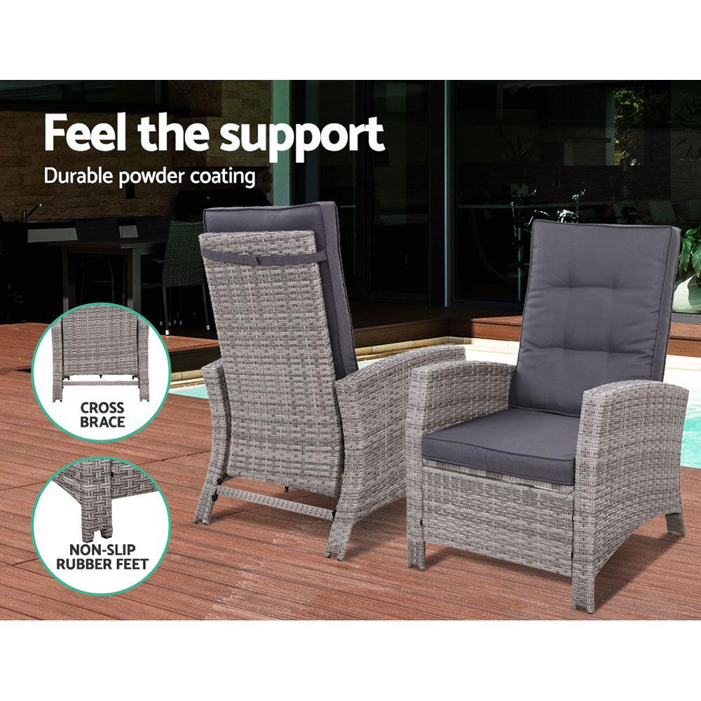 Gardeon Outdoor Setting Recliner Chair Table Set Wicker lounge Patio Furniture Grey-Furniture > Outdoor-PEROZ Accessories