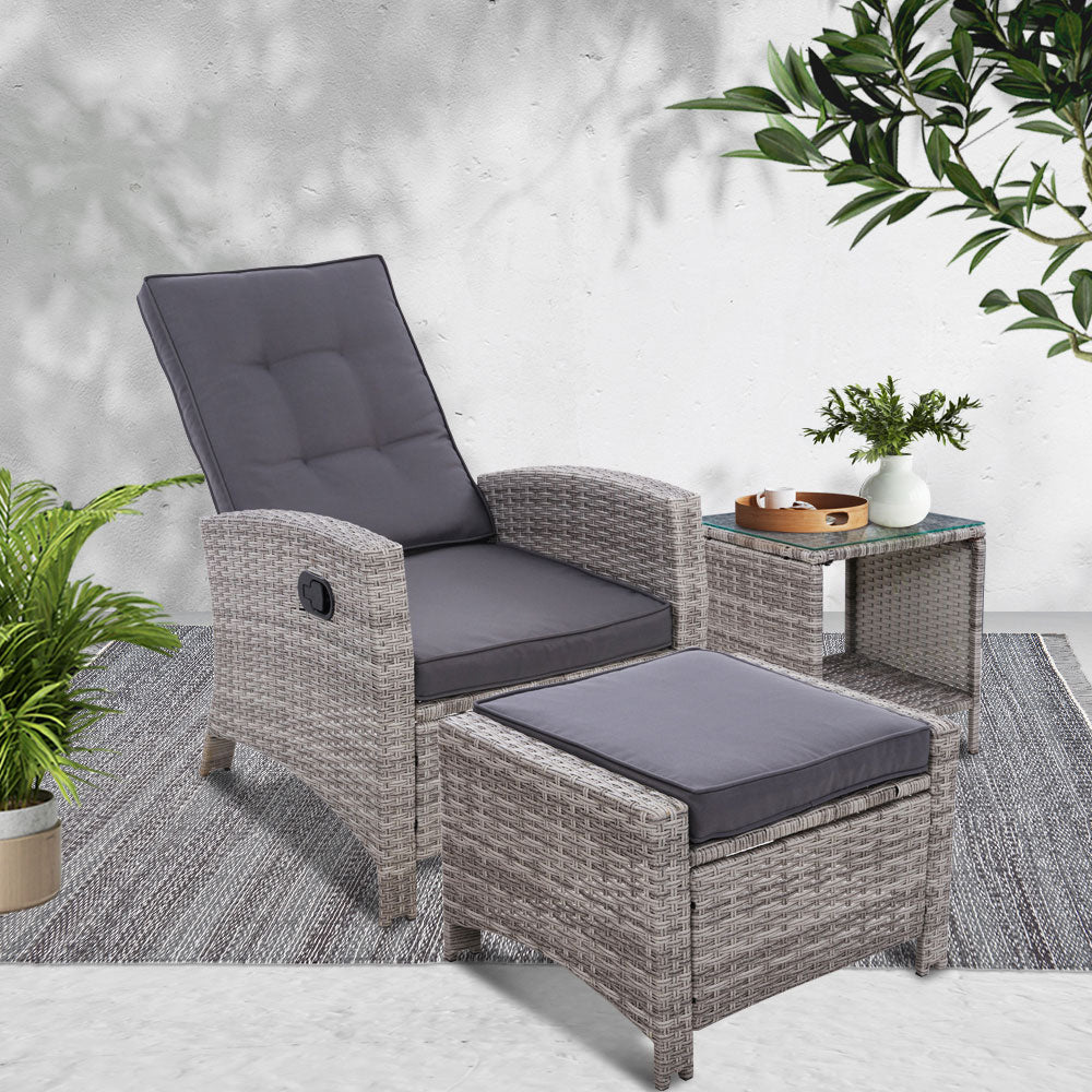 Gardeon Outdoor Setting Recliner Chair Table Set Wicker lounge Patio Furniture Grey-Furniture > Outdoor-PEROZ Accessories
