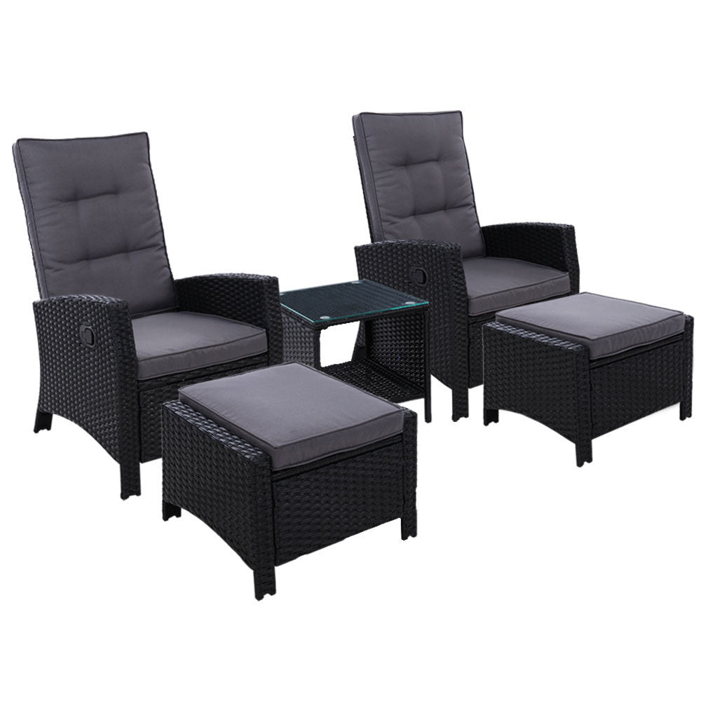 Gardeon Outdoor Patio Furniture Recliner Chairs Table Setting Wicker Lounge 5pc Black-Furniture > Outdoor-PEROZ Accessories