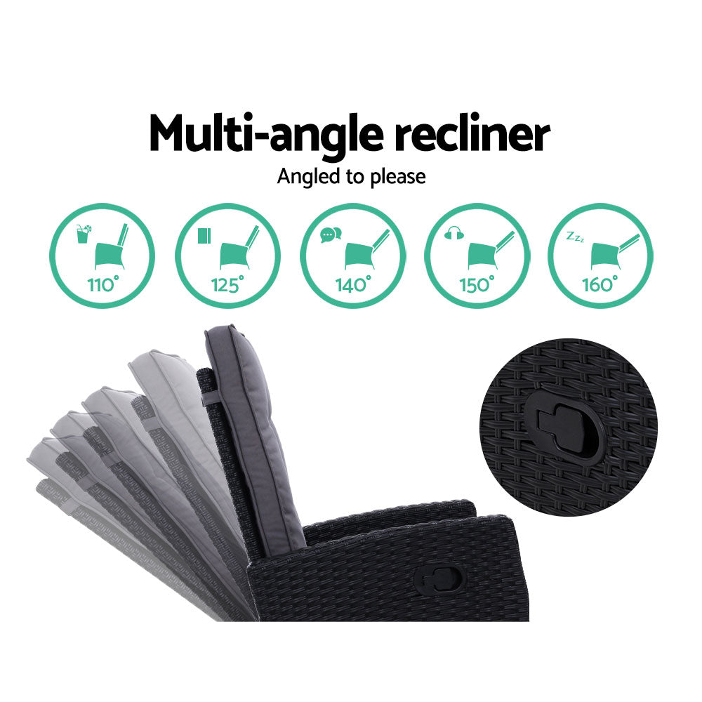 Gardeon Outdoor Patio Furniture Recliner Chairs Table Setting Wicker Lounge 5pc Black-Furniture > Outdoor-PEROZ Accessories