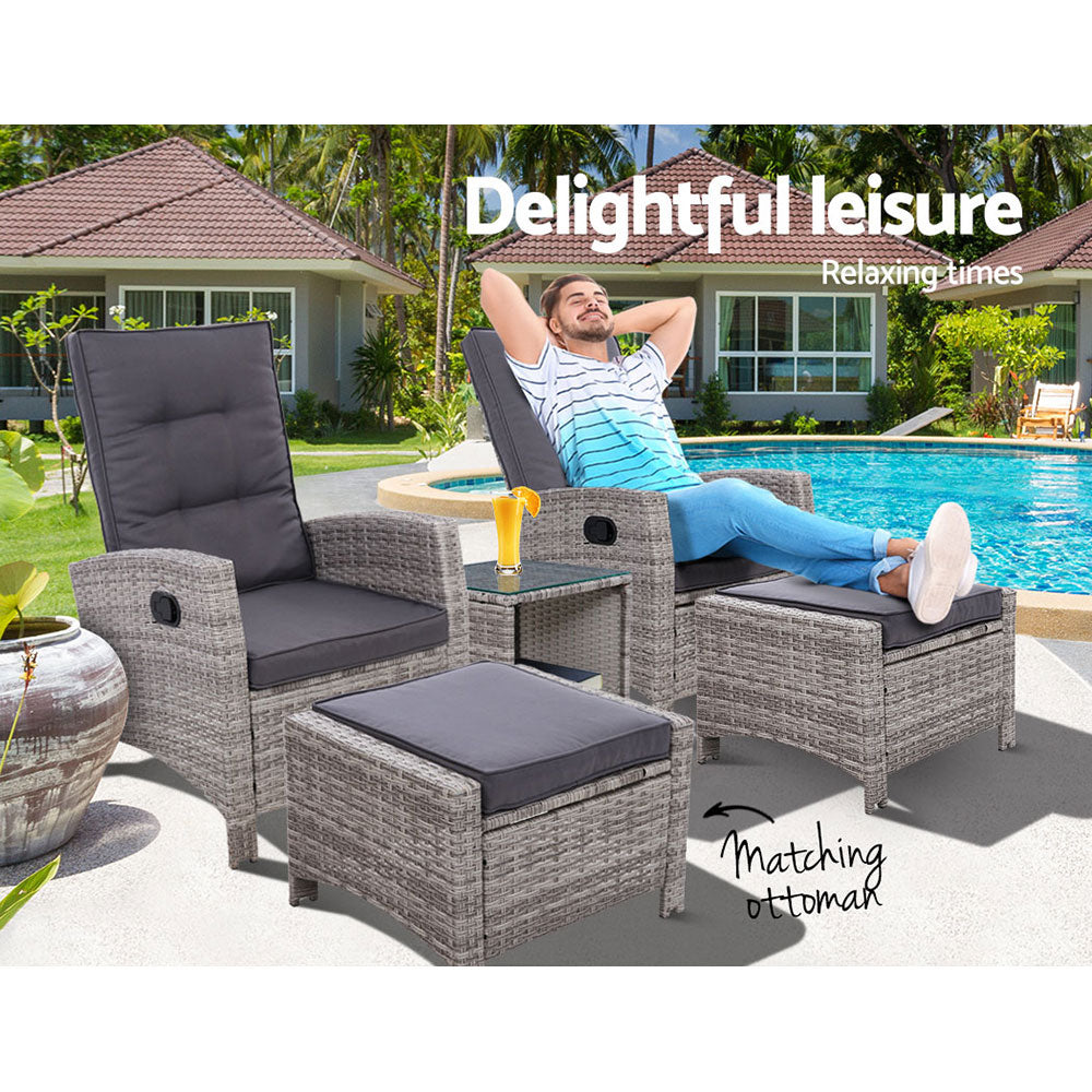Gardeon Outdoor Patio Furniture Recliner Chairs Table Setting Wicker Lounge 5pc Grey-Furniture > Outdoor-PEROZ Accessories