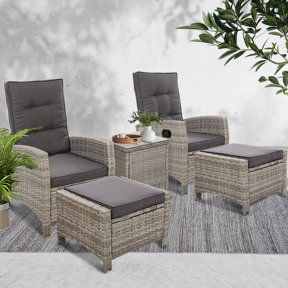 Gardeon Outdoor Patio Furniture Recliner Chairs Table Setting Wicker Lounge 5pc Grey-Furniture > Outdoor-PEROZ Accessories