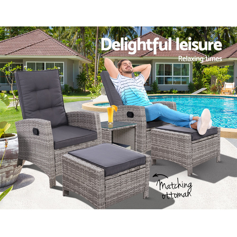 Gardeon Outdoor Patio Furniture Recliner Chairs Table Setting Wicker Lounge 5pc Grey-Furniture > Outdoor-PEROZ Accessories