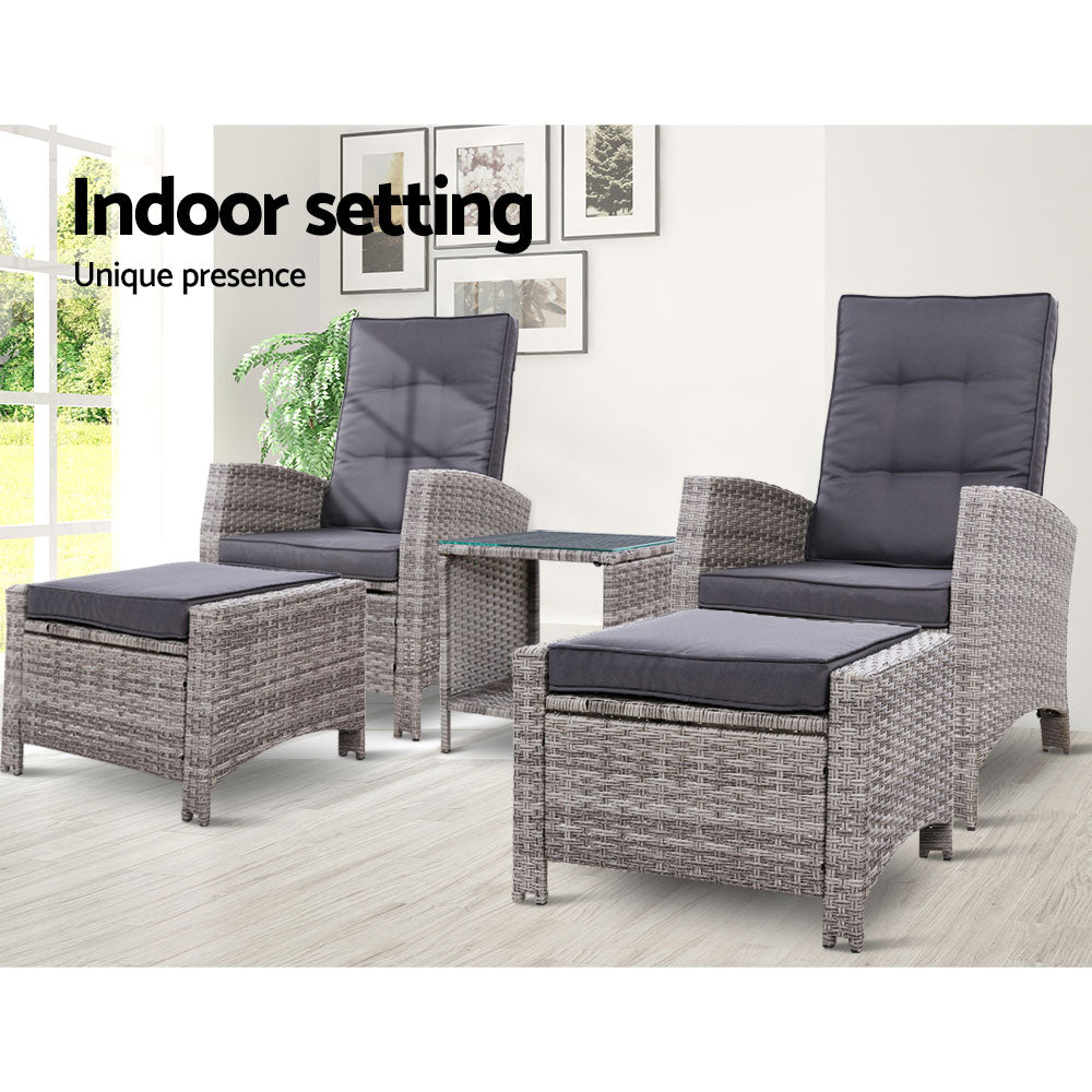 Gardeon Outdoor Patio Furniture Recliner Chairs Table Setting Wicker Lounge 5pc Grey-Furniture > Outdoor-PEROZ Accessories