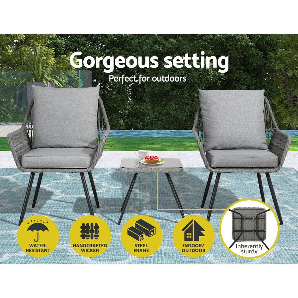 Gardeon Outdoor Furniture 3-Piece Lounge Setting Chairs Table Bistro Set Patio-Furniture > Outdoor-PEROZ Accessories