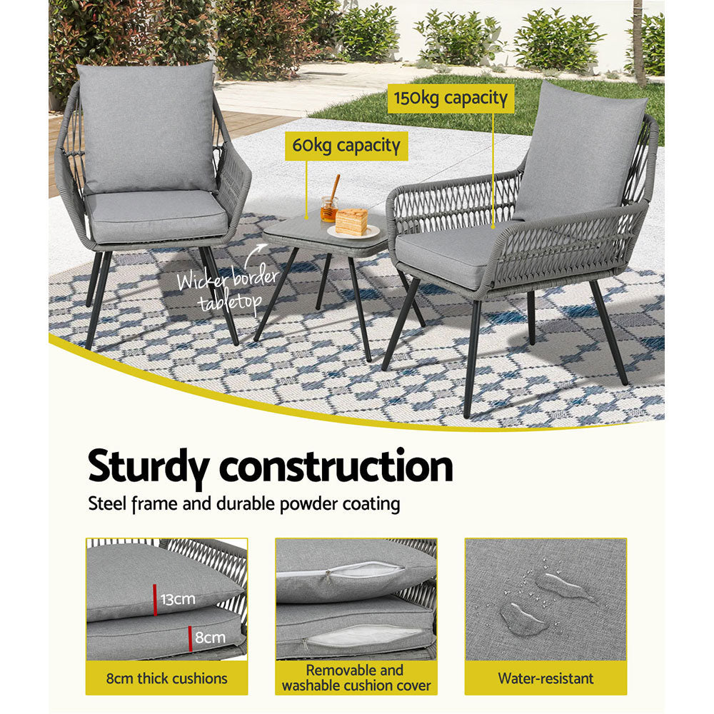 Gardeon Outdoor Furniture 3-Piece Lounge Setting Chairs Table Bistro Set Patio-Furniture > Outdoor-PEROZ Accessories