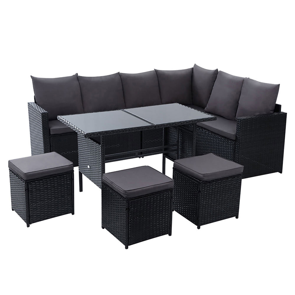 Gardeon Outdoor Furniture Dining Setting Sofa Set Lounge Wicker 9 Seater Black-Furniture > Outdoor-PEROZ Accessories