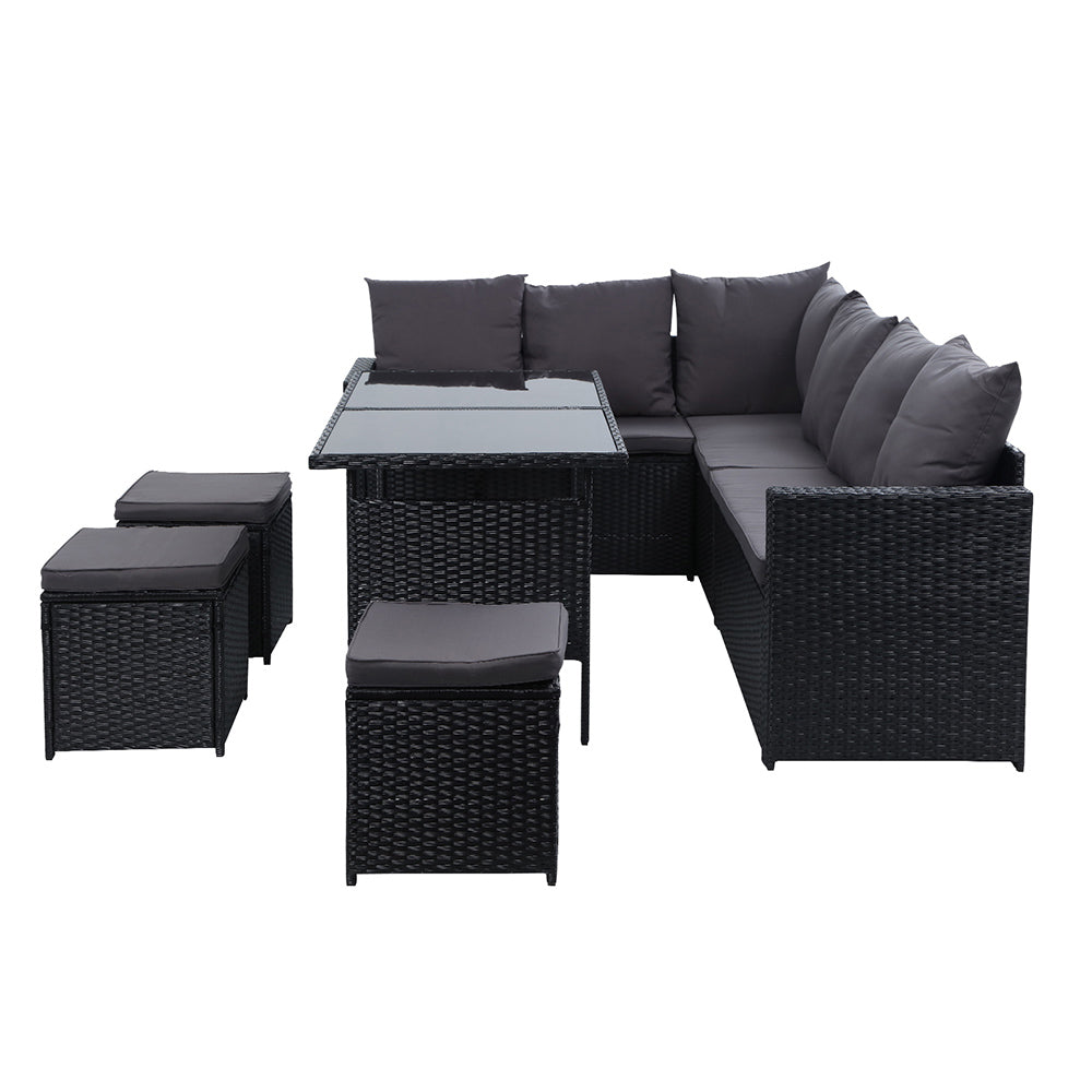 Gardeon Outdoor Furniture Dining Setting Sofa Set Lounge Wicker 9 Seater Black-Furniture > Outdoor-PEROZ Accessories