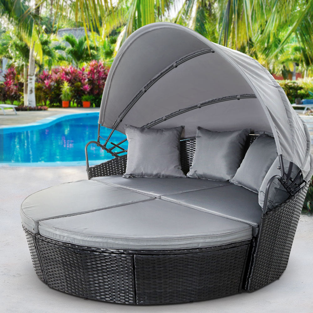 Gardeon Sun Lounge Setting Wicker Lounger Day Bed Outdoor Furniture Patio Black-Sun Lounges-PEROZ Accessories