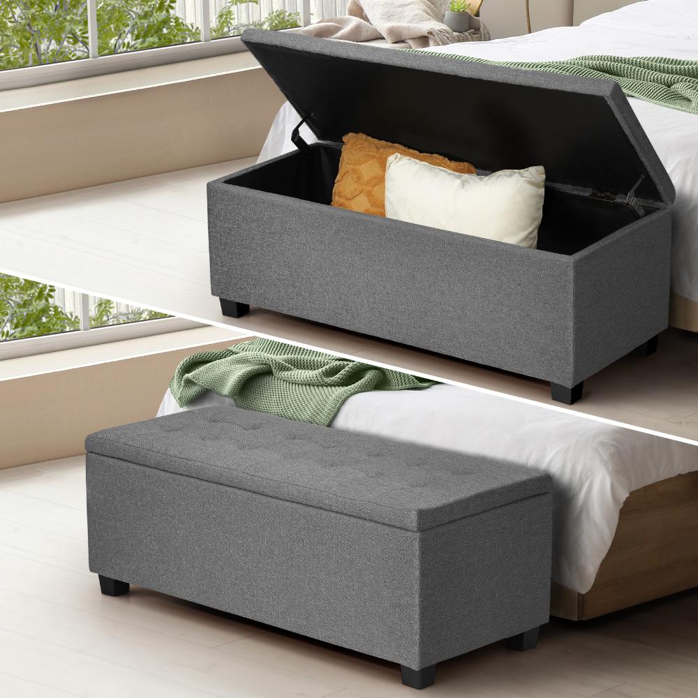 Oikiture Storage Ottoman Blanket Box Faux Linen Chest Toy Foot Stool LARGE Grey-Ottoman-PEROZ Accessories