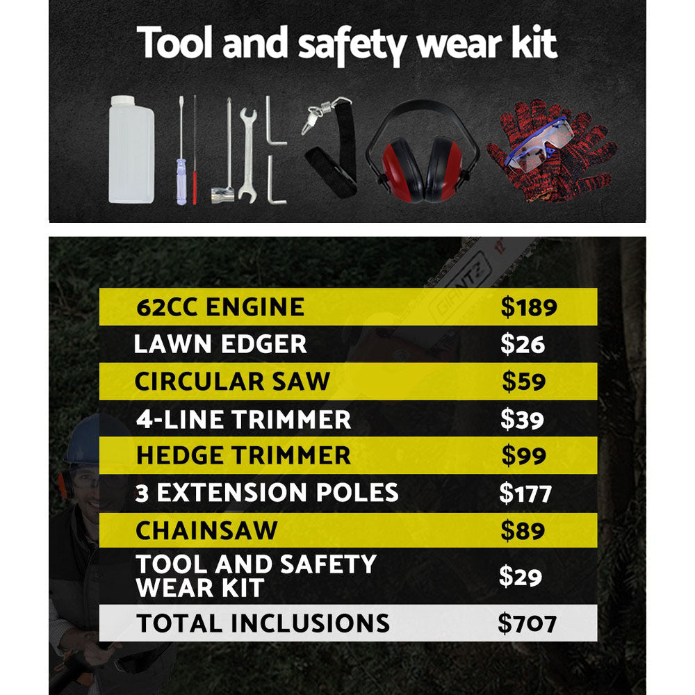 Giantz 62CC Petrol Pole Chainsaw Saw Brush Cutter Whipper Snipper Hedge Trimmer-Tools > Power Tools-PEROZ Accessories