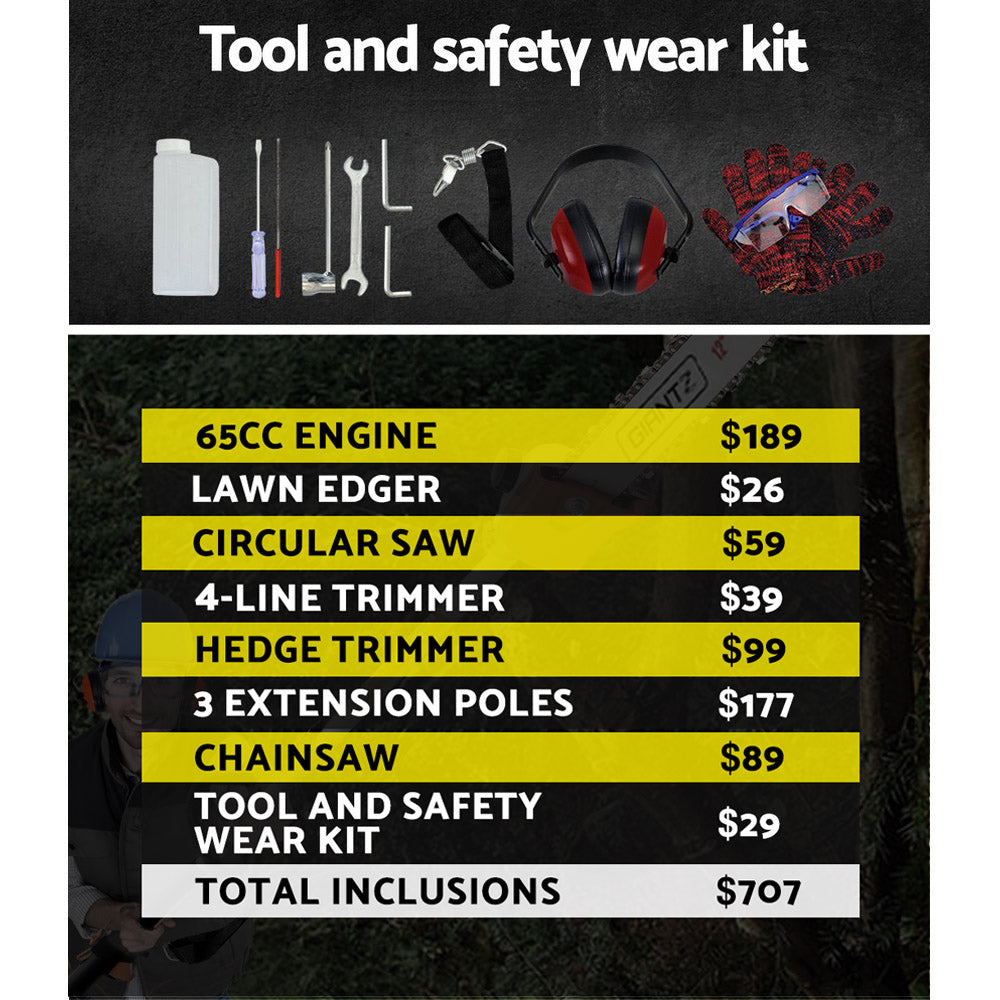 Giantz 65cc Petrol Pole Chainsaw Pruners 2 Stroke Long Chainsaws Hedge trimmer Brush Cutter Chain Saw Whipper Snipper Multi Tool-Tools > Power Tools-PEROZ Accessories