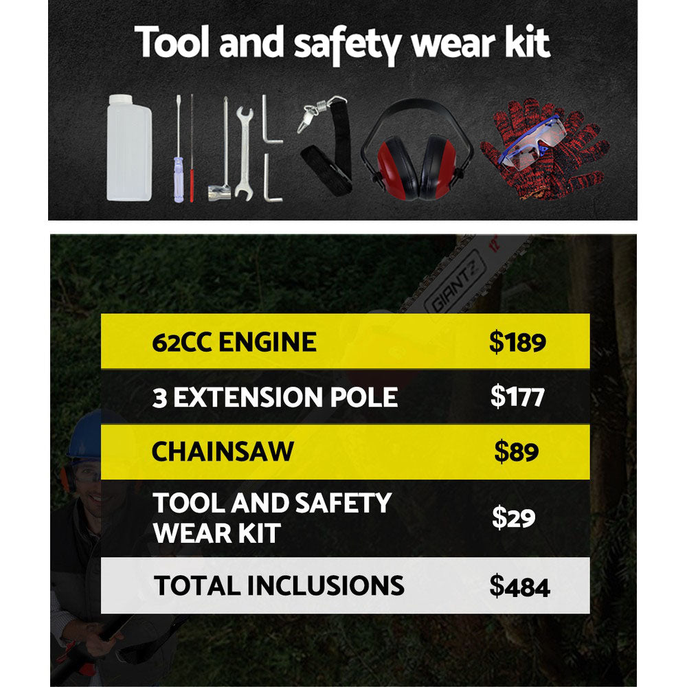 Giantz 62CC Pole Chainsaw Petrol Chain Saw Brush Cutter Brushcutter Tree-Tools > Power Tools-PEROZ Accessories