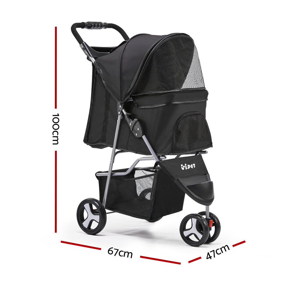 i.Pet 3 Wheel Pet Stroller - Black-Pet Care > Dog Supplies-PEROZ Accessories