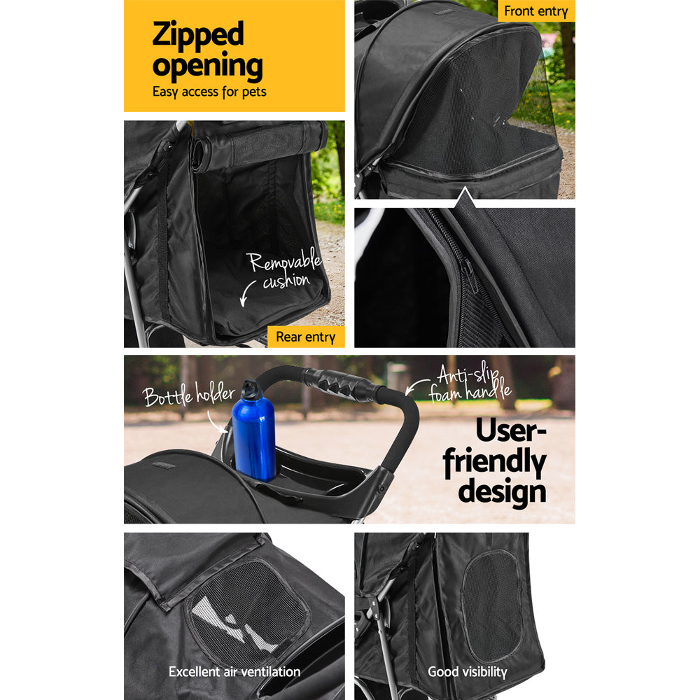 i.Pet 4 Wheel Pet Stroller - Black-Pet Care > Dog Supplies-PEROZ Accessories