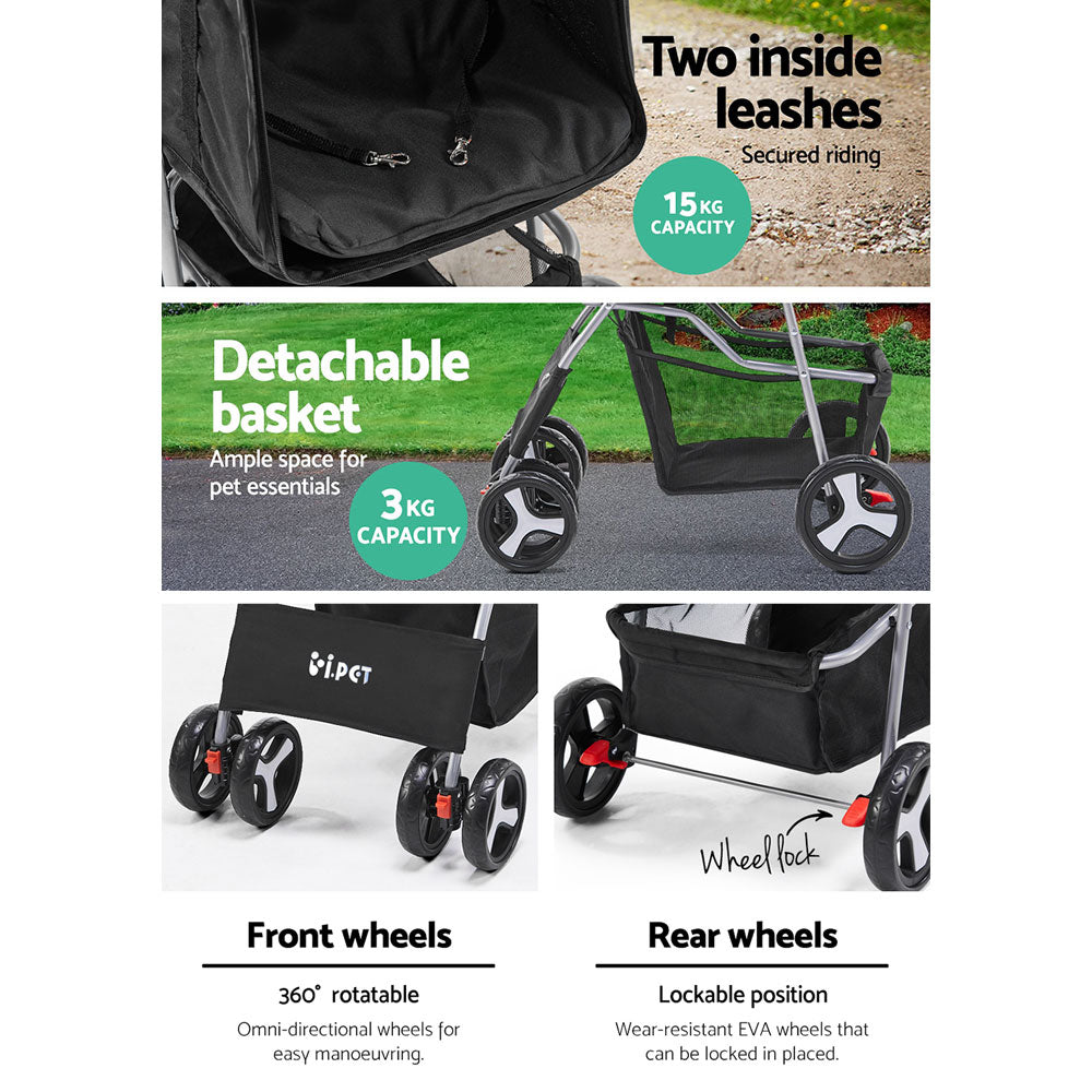 i.Pet 4 Wheel Pet Stroller - Black-Pet Care > Dog Supplies-PEROZ Accessories