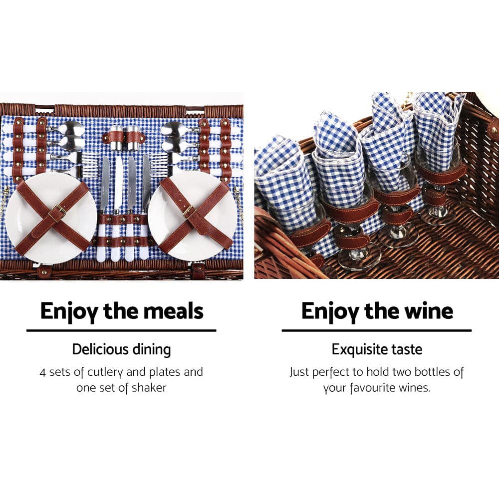 Alfresco 4 Person Picnic Basket Handle Baskets Outdoor Insulated Blanket-Outdoor > Picnic-PEROZ Accessories