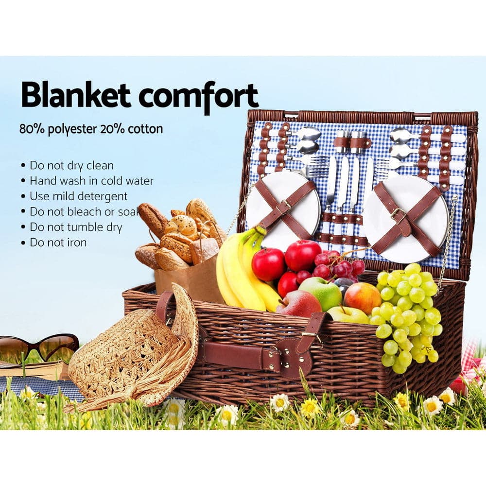 Alfresco 4 Person Picnic Basket Handle Baskets Outdoor Insulated Blanket-Outdoor > Picnic-PEROZ Accessories