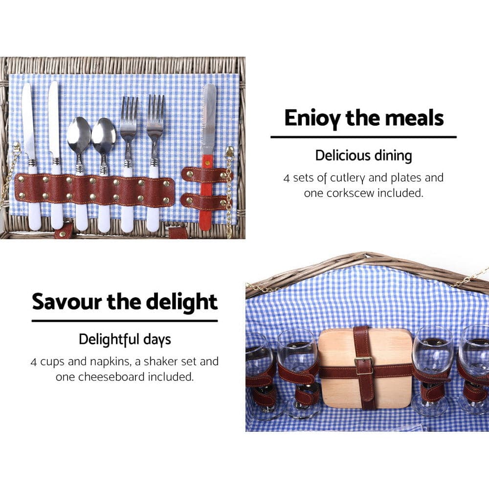Alfresco 4 Person Picnic Basket Deluxe Baskets Outdoor Insulated Blanket-Outdoor > Picnic-PEROZ Accessories