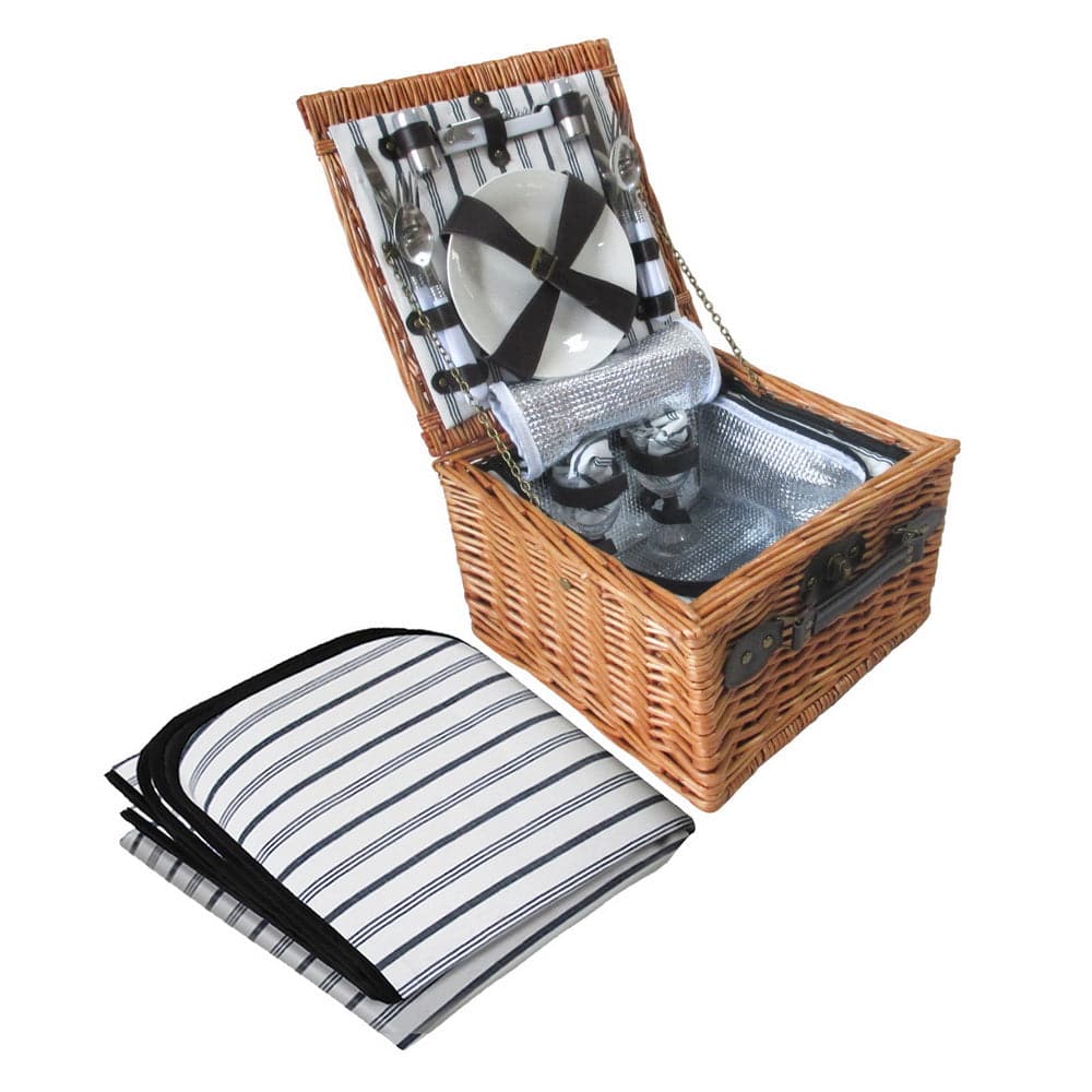 Alfresco 2 Person Picnic Basket Set Baskets Vintage Outdoor Insulated Blanket-Outdoor > Picnic-PEROZ Accessories